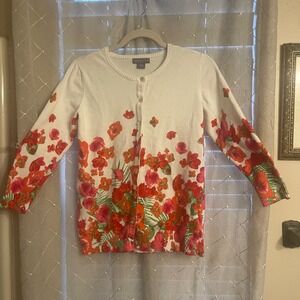 Laura Scott Floral Cardigan‎ Sweater Women's Medium White Pink Orange Flowers